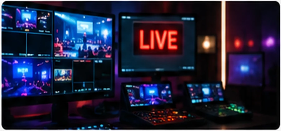 Kontrollrum för livestreaming med flera bildskärmar